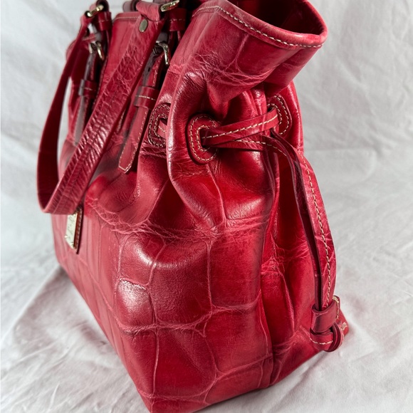 DOONEY AND BOURKE Red Leather Croc Embossed Drawstring Tote Satchel Shoulder Bag - Picture 3 of 15